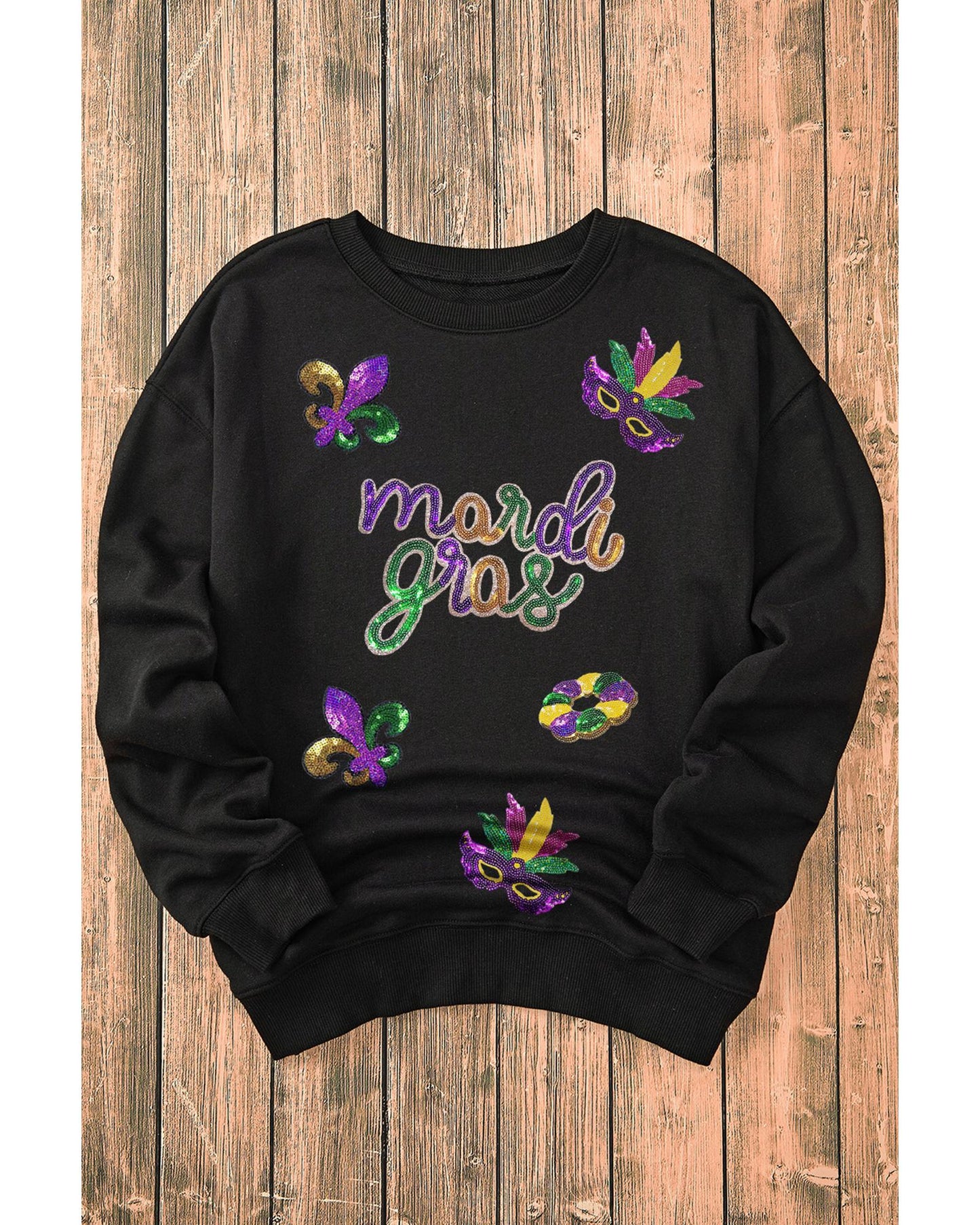 Black Sequin mardi gras Fleur de Lis Graphic Pullover Sweatshirt - XL