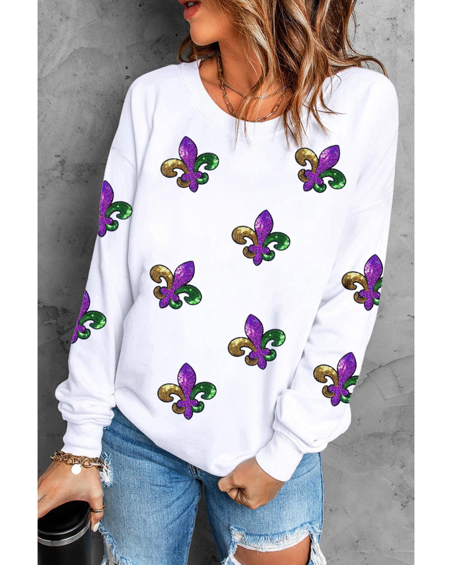 White Fleur De Lis Sequin Patched Graphic Drop Shoulder Sweatshirt - XL