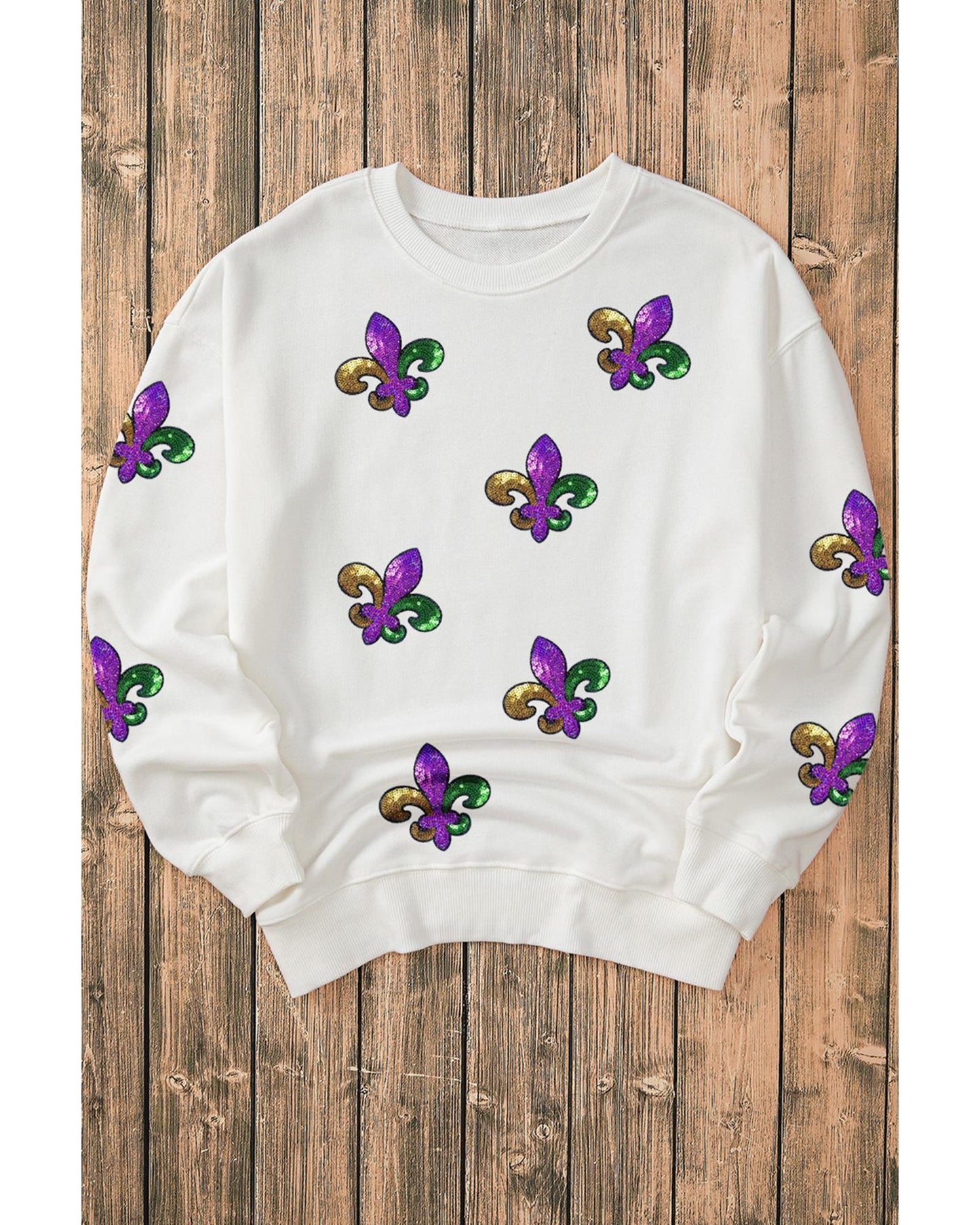White Fleur De Lis Sequin Patched Graphic Drop Shoulder Sweatshirt - XL