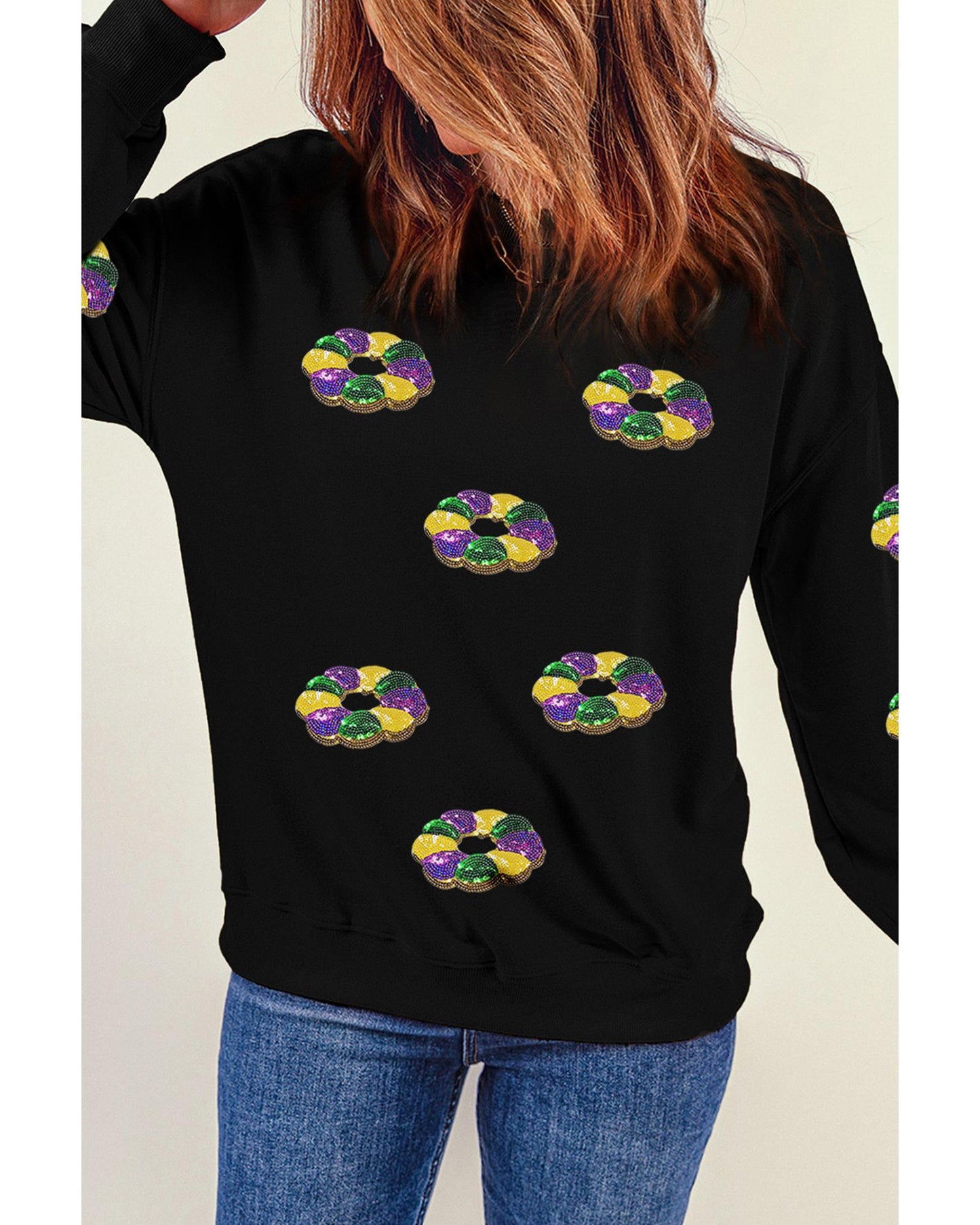 Black Sequined Donuts of Mardi Gras Colors Drop Shoulder Sweatshirt - L