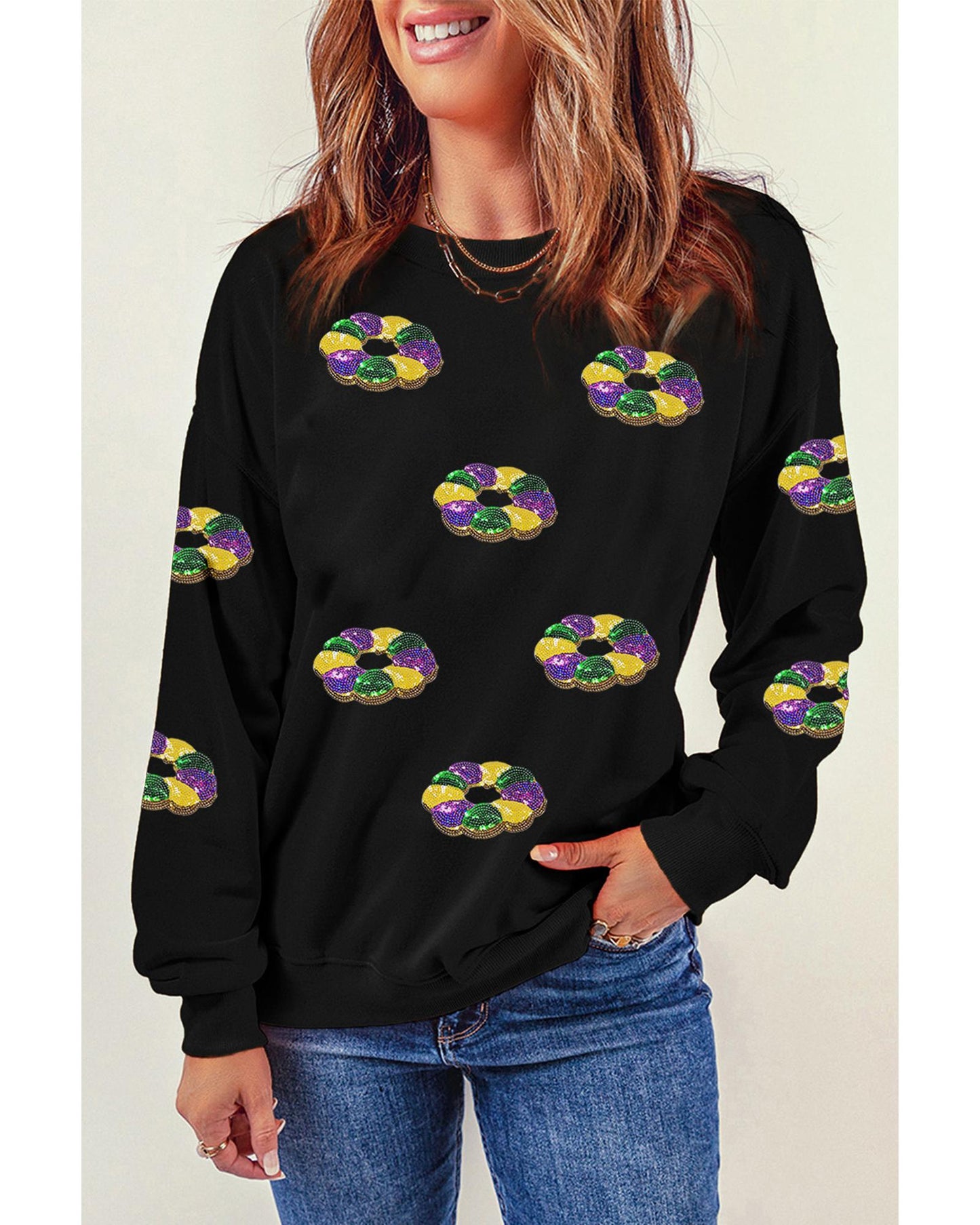 Black Sequined Donuts of Mardi Gras Colors Drop Shoulder Sweatshirt - M