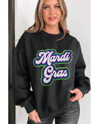 Black Mardi Gras Chenille Patched Graphic Drop Shoulder Sweatshirt - S