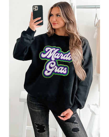 Black Mardi Gras Chenille Patched Graphic Drop Shoulder Sweatshirt - S