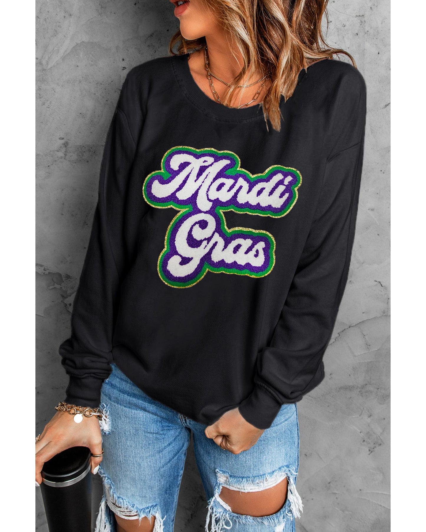 Black Mardi Gras Chenille Patched Graphic Drop Shoulder Sweatshirt - S