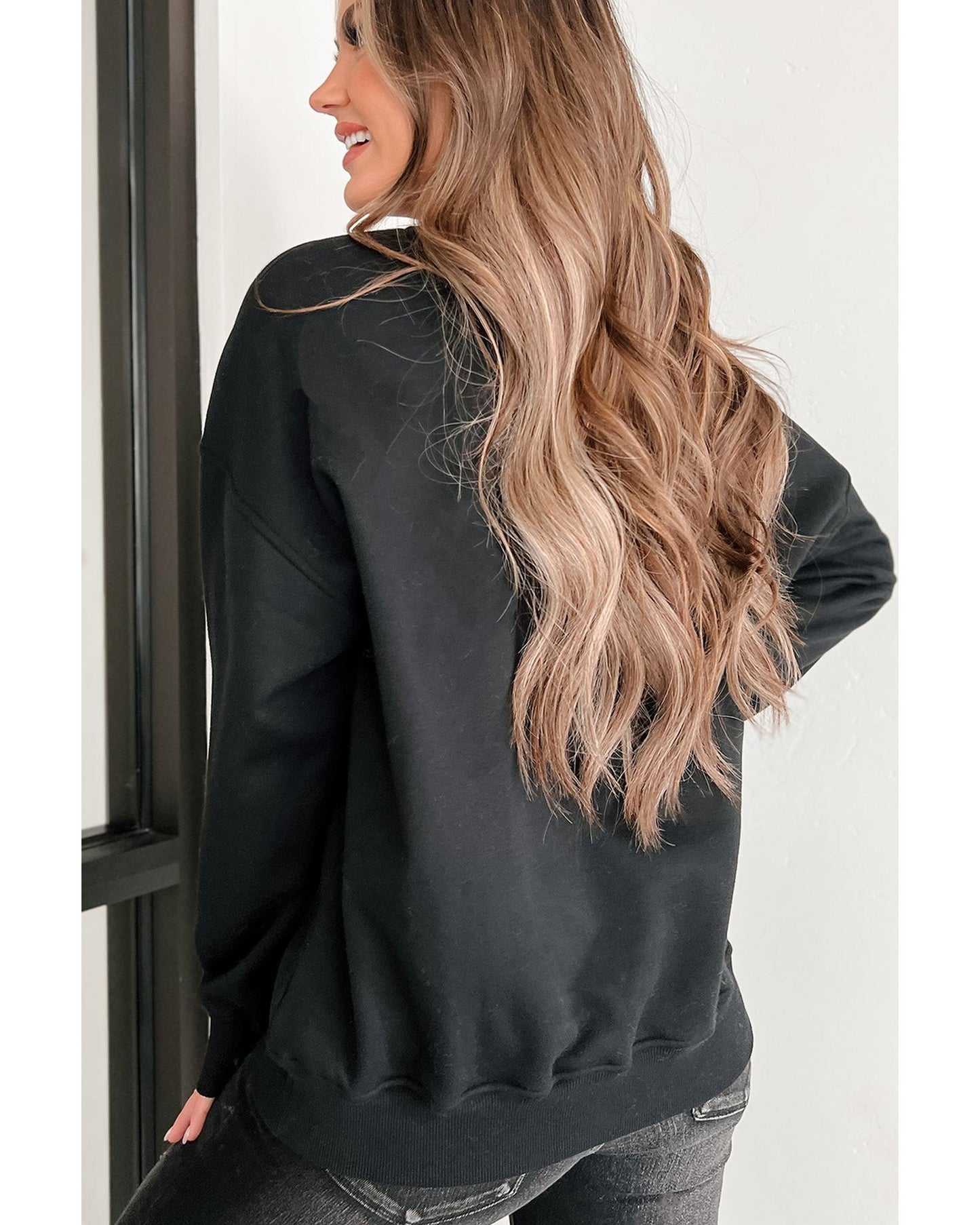 Black Mardi Gras Chenille Patched Graphic Drop Shoulder Sweatshirt - S