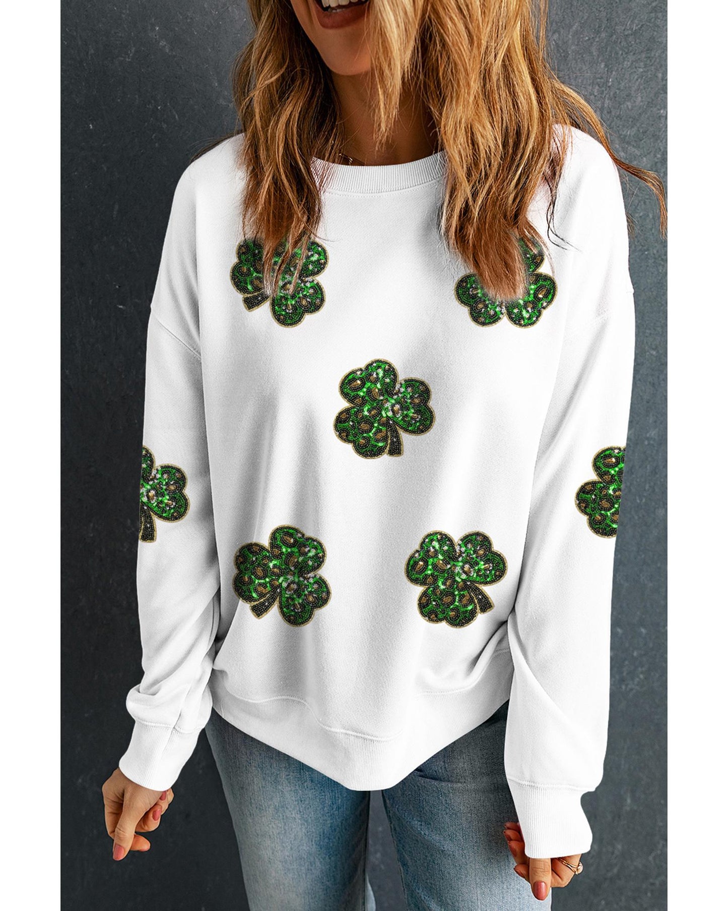 White Sequin Clover Patched Pattern St Patrick Pullover Sweatshirt - 2XL