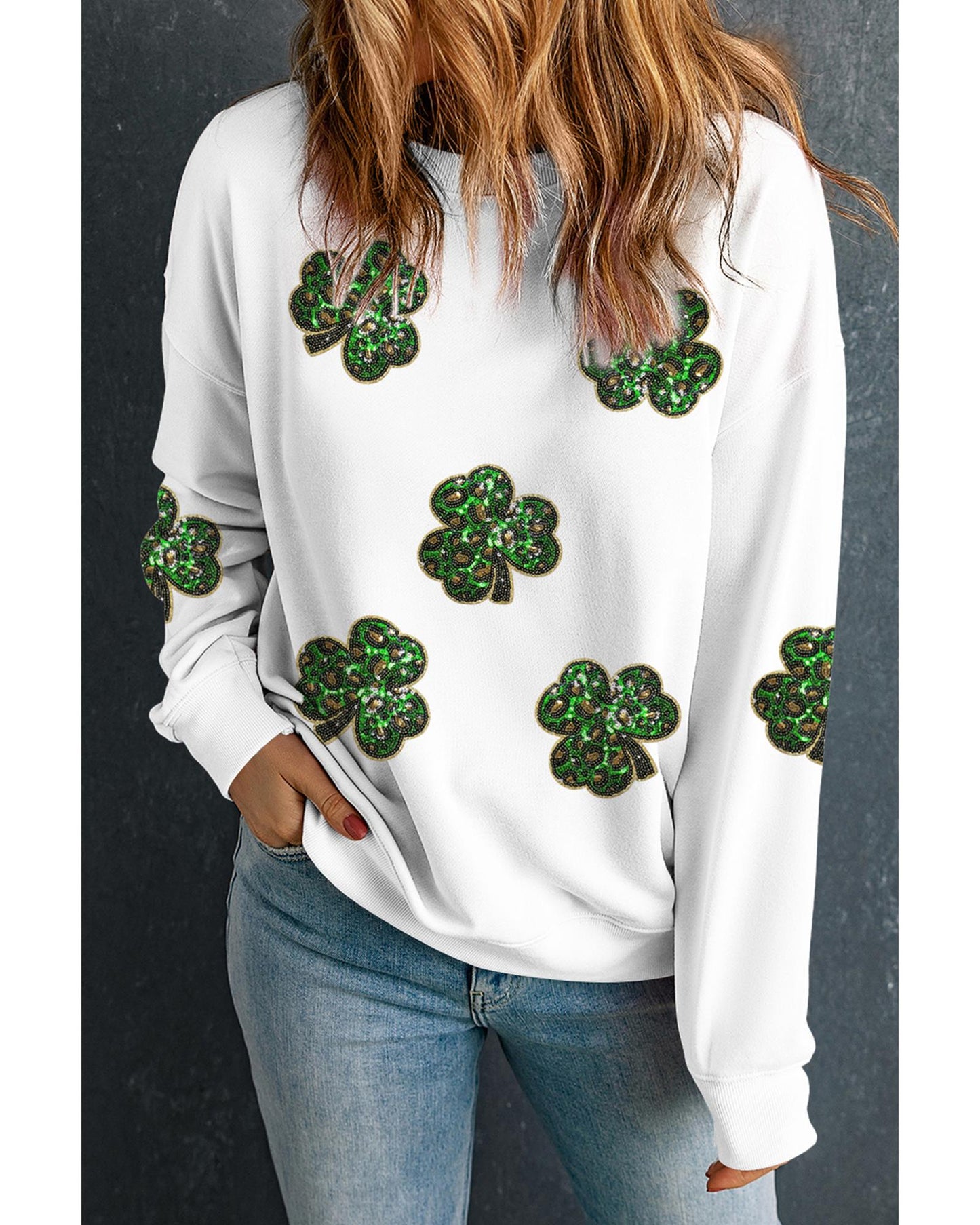 White Sequin Clover Patched Pattern St Patrick Pullover Sweatshirt - M