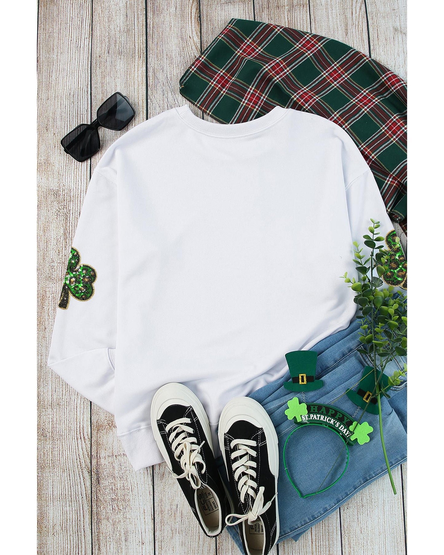White Sequin Clover Patched Pattern St Patrick Pullover Sweatshirt - XL