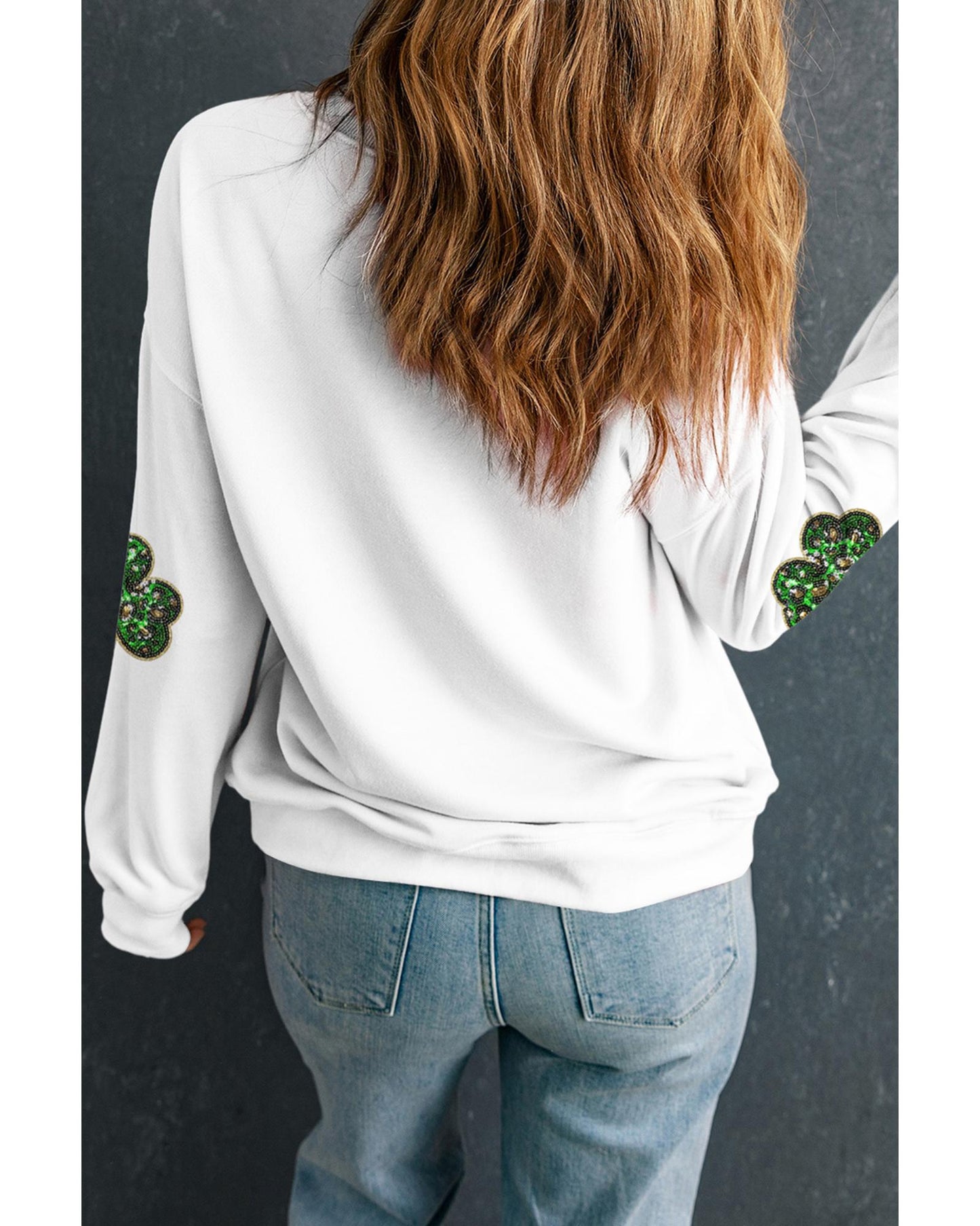 White Sequin Clover Patched Pattern St Patrick Pullover Sweatshirt - XL