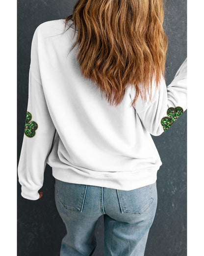 White Sequin Clover Patched Pattern St Patrick Pullover Sweatshirt - XL
