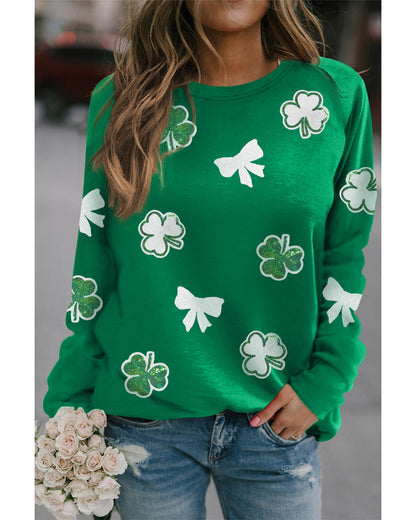 Green Sequin Bow Clover Graphic Pullover Sweatshirt - S