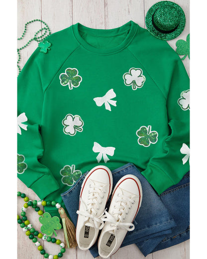Green Sequin Bow Clover Graphic Pullover Sweatshirt - S