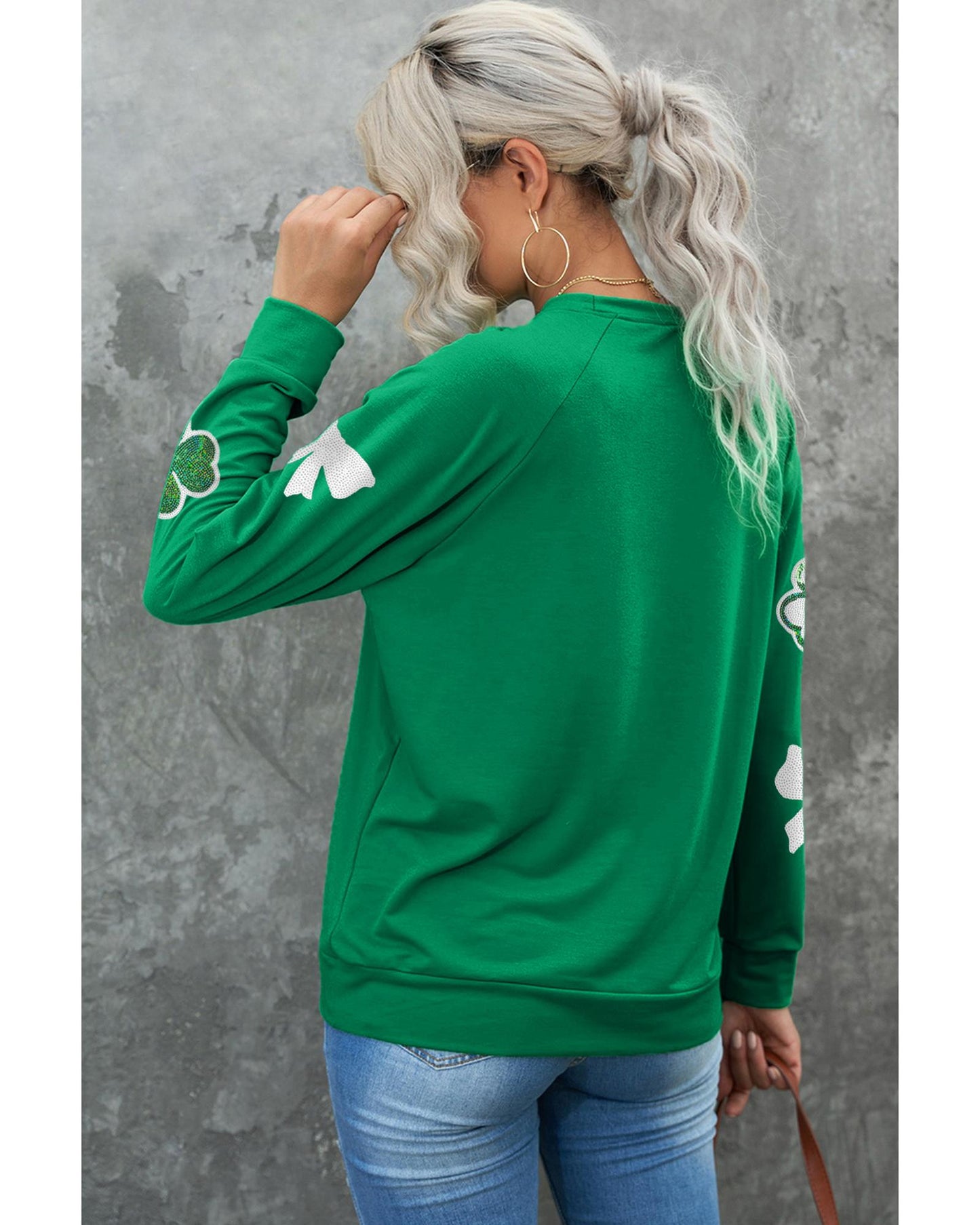 Green Sequin Bow Clover Graphic Pullover Sweatshirt - S