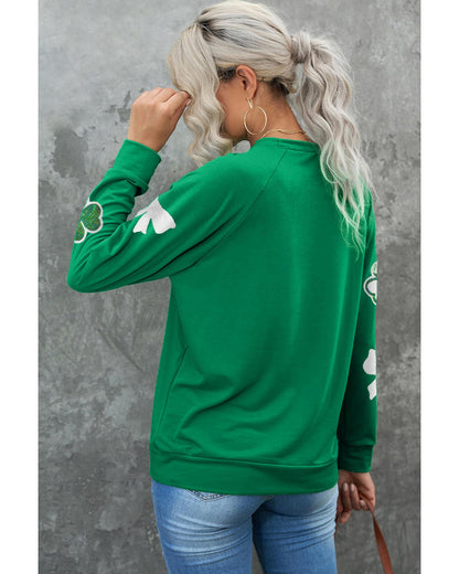 Green Sequin Bow Clover Graphic Pullover Sweatshirt - S