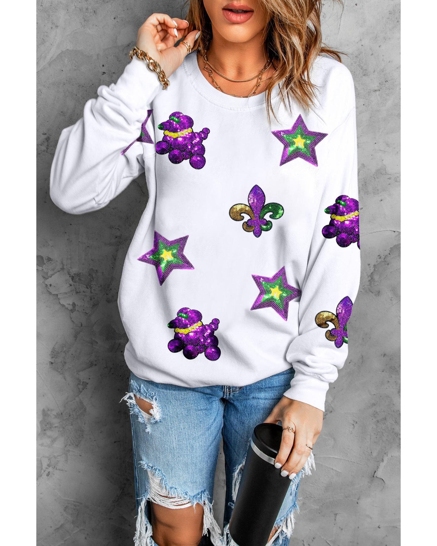 White Sequin Mardi Gras Element Graphic Crewneck Sweatshirt - 2XL
