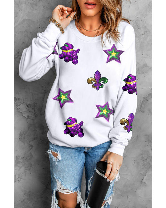 White Sequin Mardi Gras Element Graphic Crewneck Sweatshirt - XL