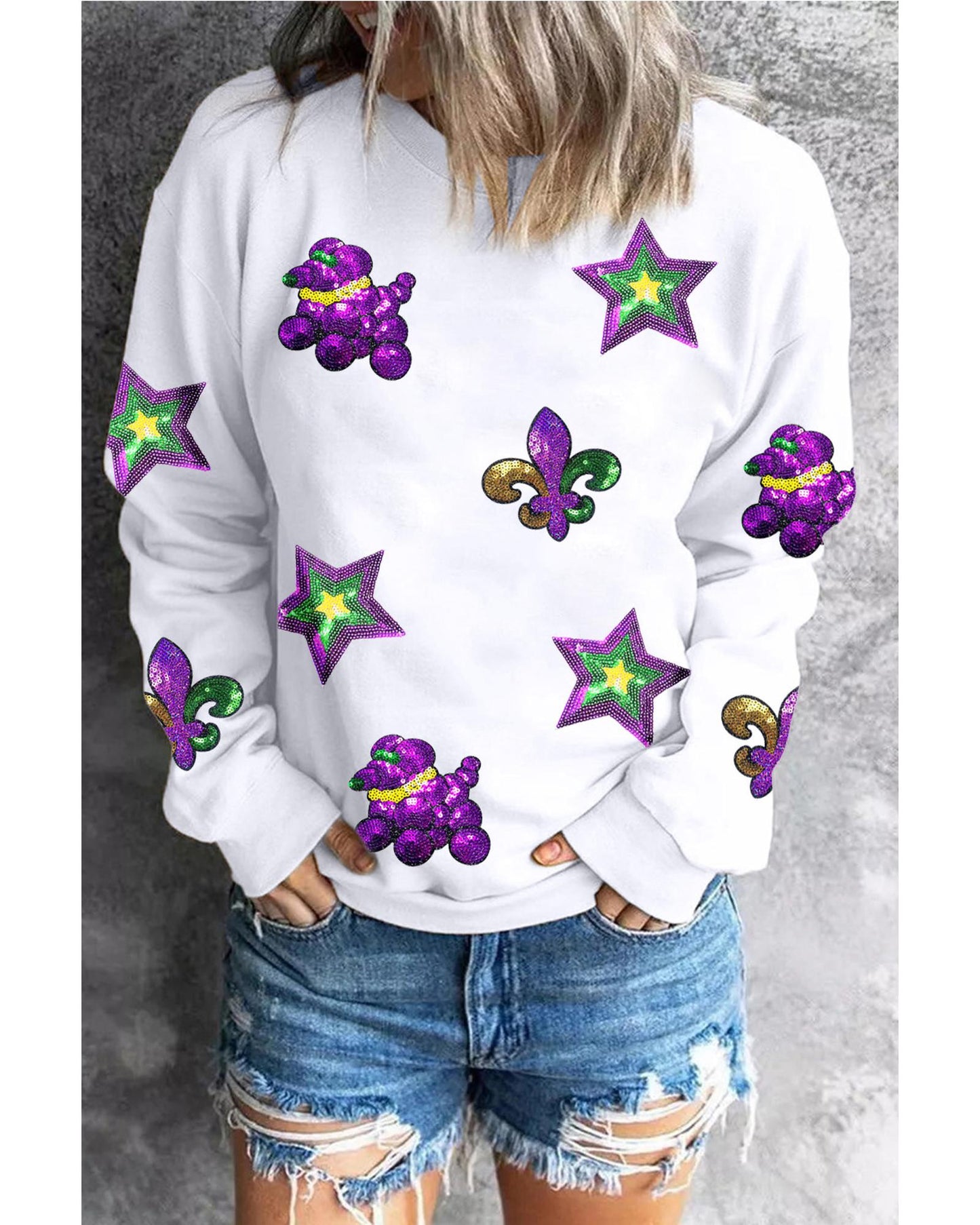 White Sequin Mardi Gras Element Graphic Crewneck Sweatshirt - XL