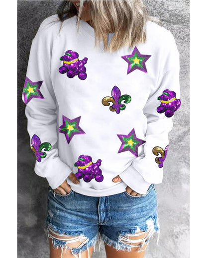 White Sequin Mardi Gras Element Graphic Crewneck Sweatshirt - XL