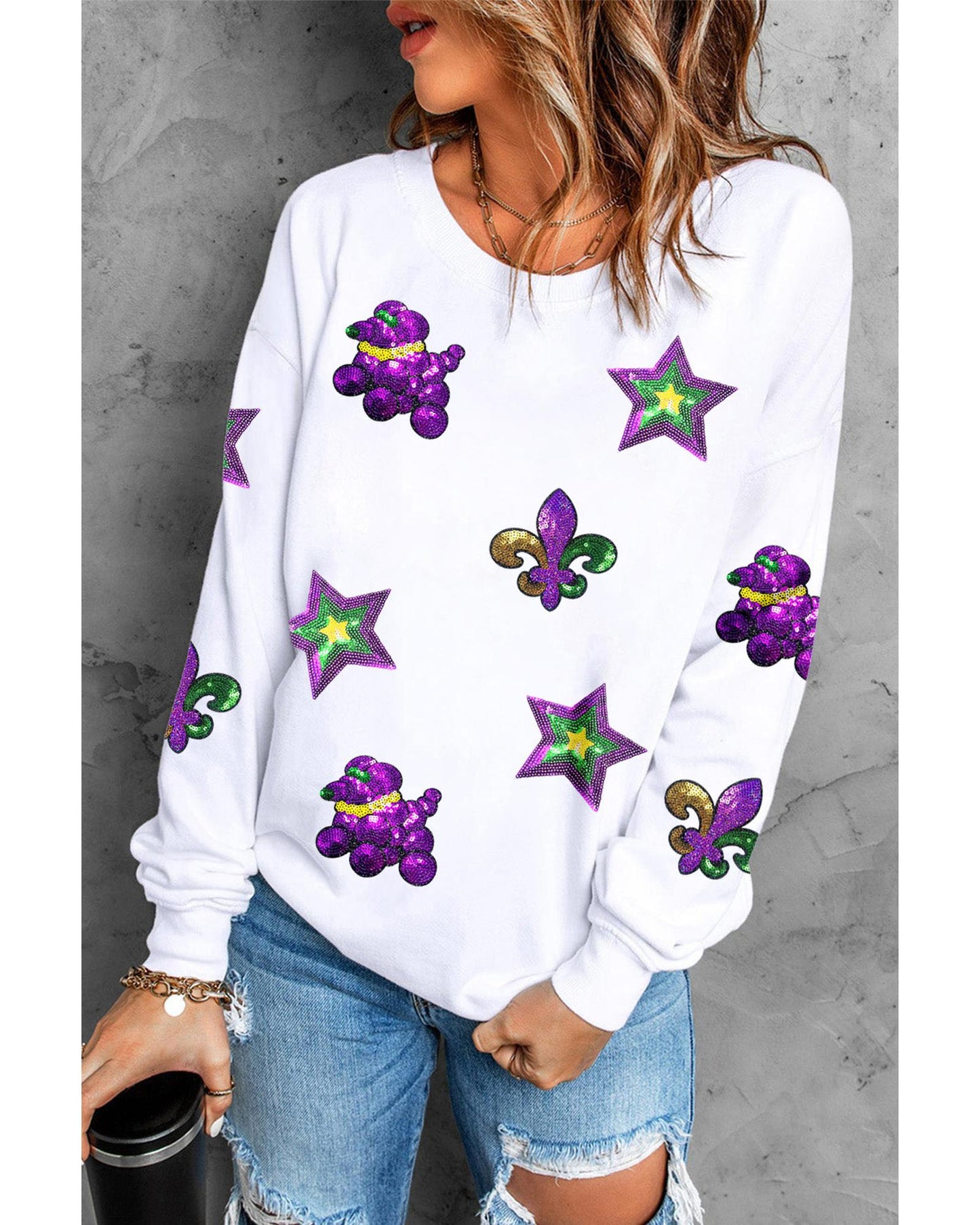 White Sequin Mardi Gras Element Graphic Crewneck Sweatshirt - XL