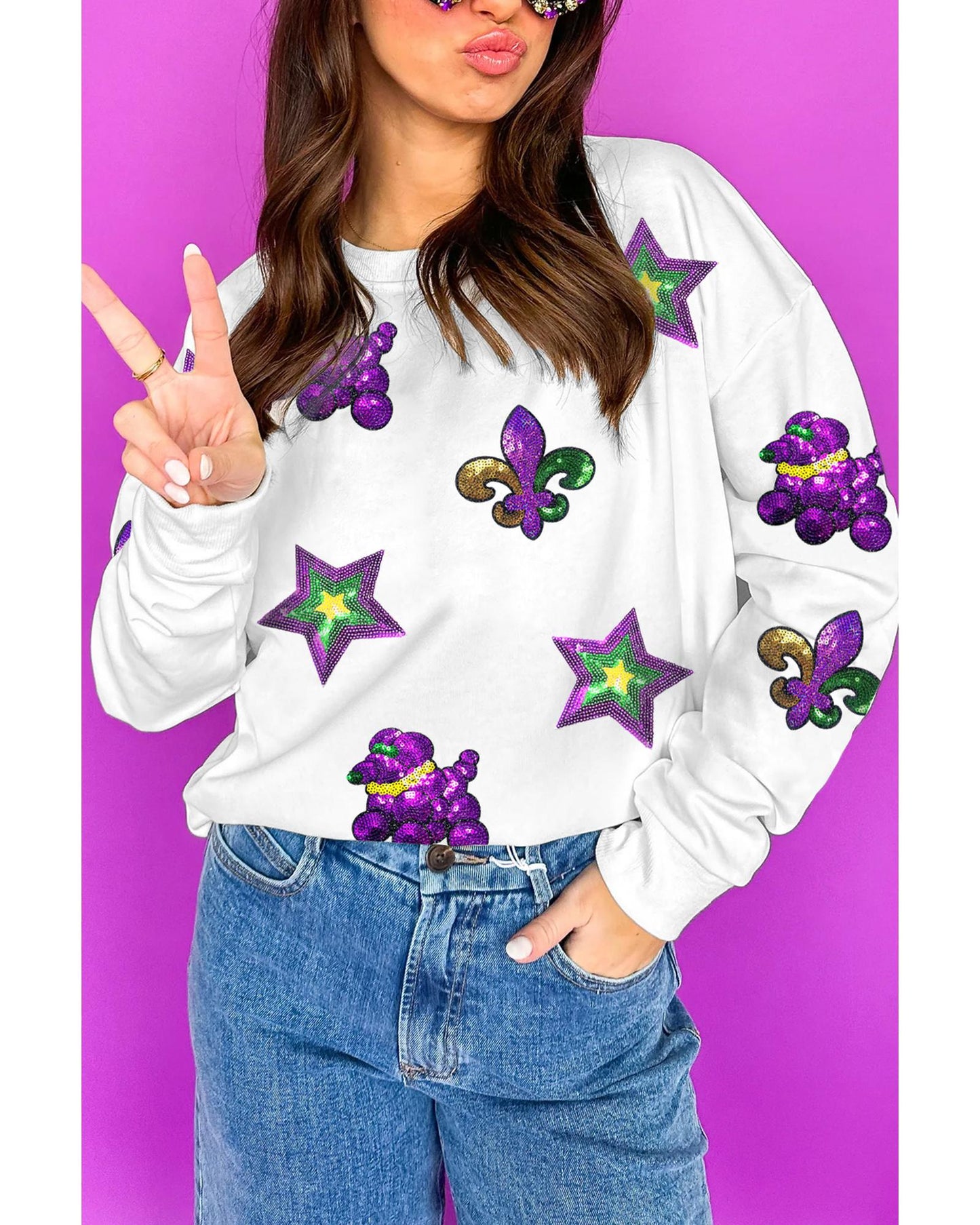White Sequin Mardi Gras Element Graphic Crewneck Sweatshirt - XL