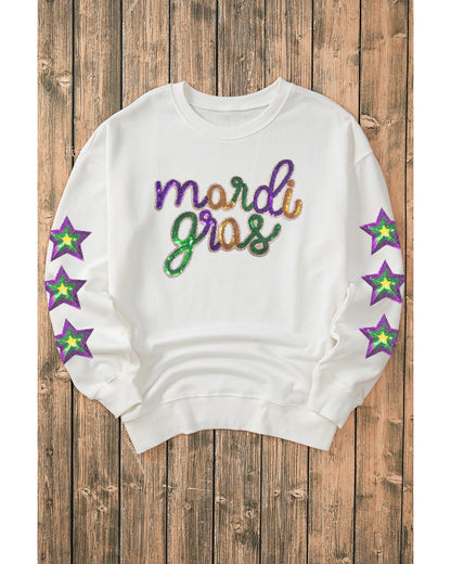 White Sequin mardi gras Graphic Star Sleeve Pullover Sweatshirt - 2XL