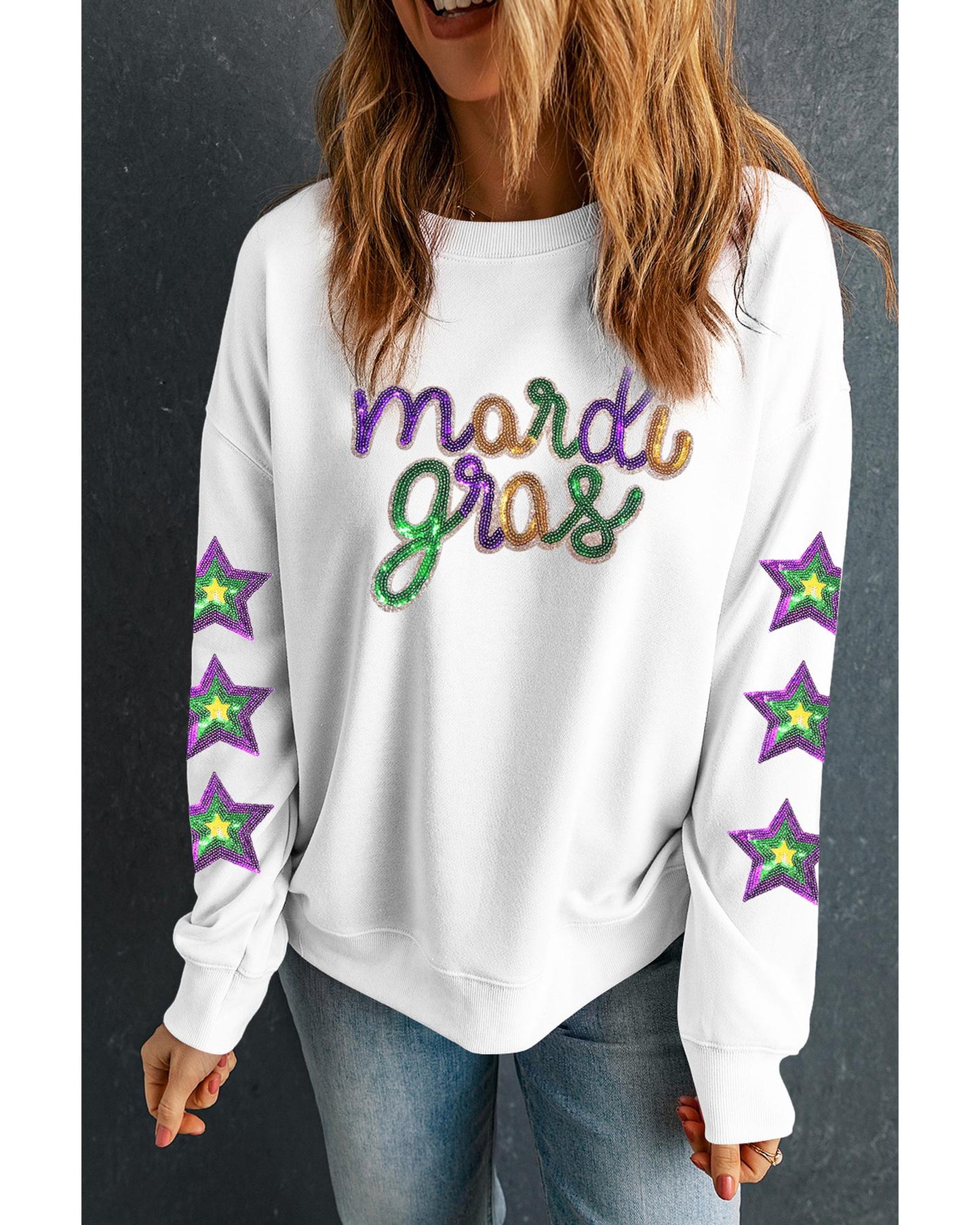 White Sequin mardi gras Graphic Star Sleeve Pullover Sweatshirt - 2XL