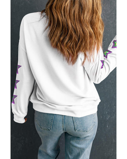 White Sequin mardi gras Graphic Star Sleeve Pullover Sweatshirt - 2XL