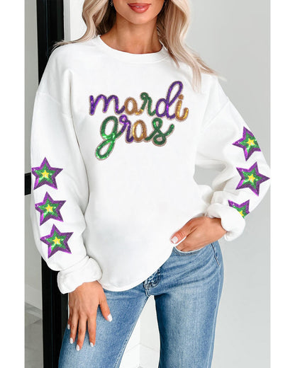 White Sequin mardi gras Graphic Star Sleeve Pullover Sweatshirt - L