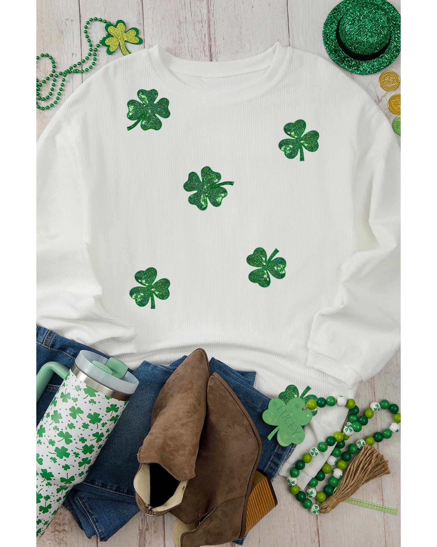 White Sequin Clover Patched Drop Shoulder Corded Sweatshirt - L