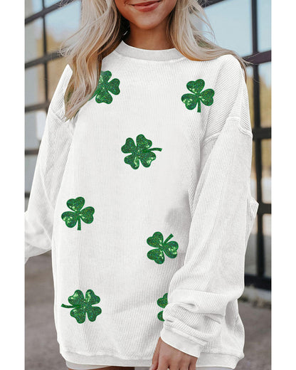 White Sequin Clover Patched Drop Shoulder Corded Sweatshirt - L