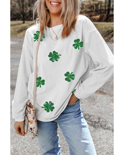 White Sequin Clover Patched Drop Shoulder Corded Sweatshirt - L