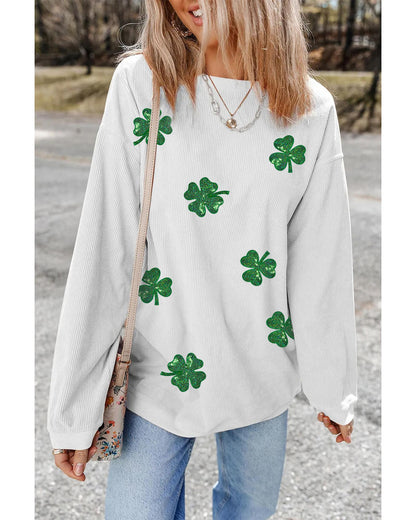 White Sequin Clover Patched Drop Shoulder Corded Sweatshirt - L