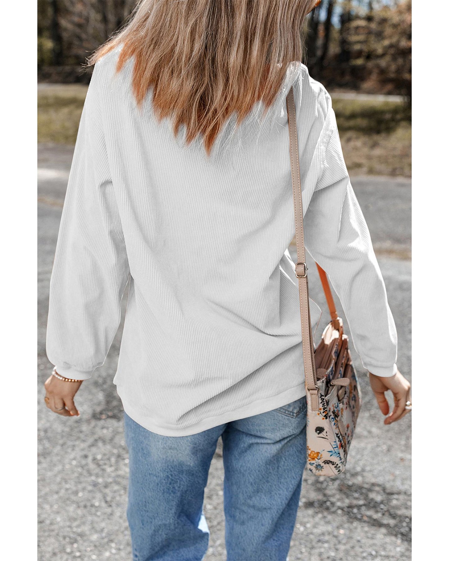 White Sequin Clover Patched Drop Shoulder Corded Sweatshirt - M