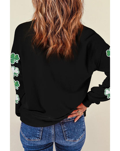 Black Sequin Clover Patched Drop Shoulder Sweatshirt - S