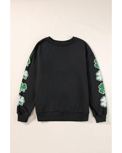 Black Sequin Clover Patched Drop Shoulder Sweatshirt - S