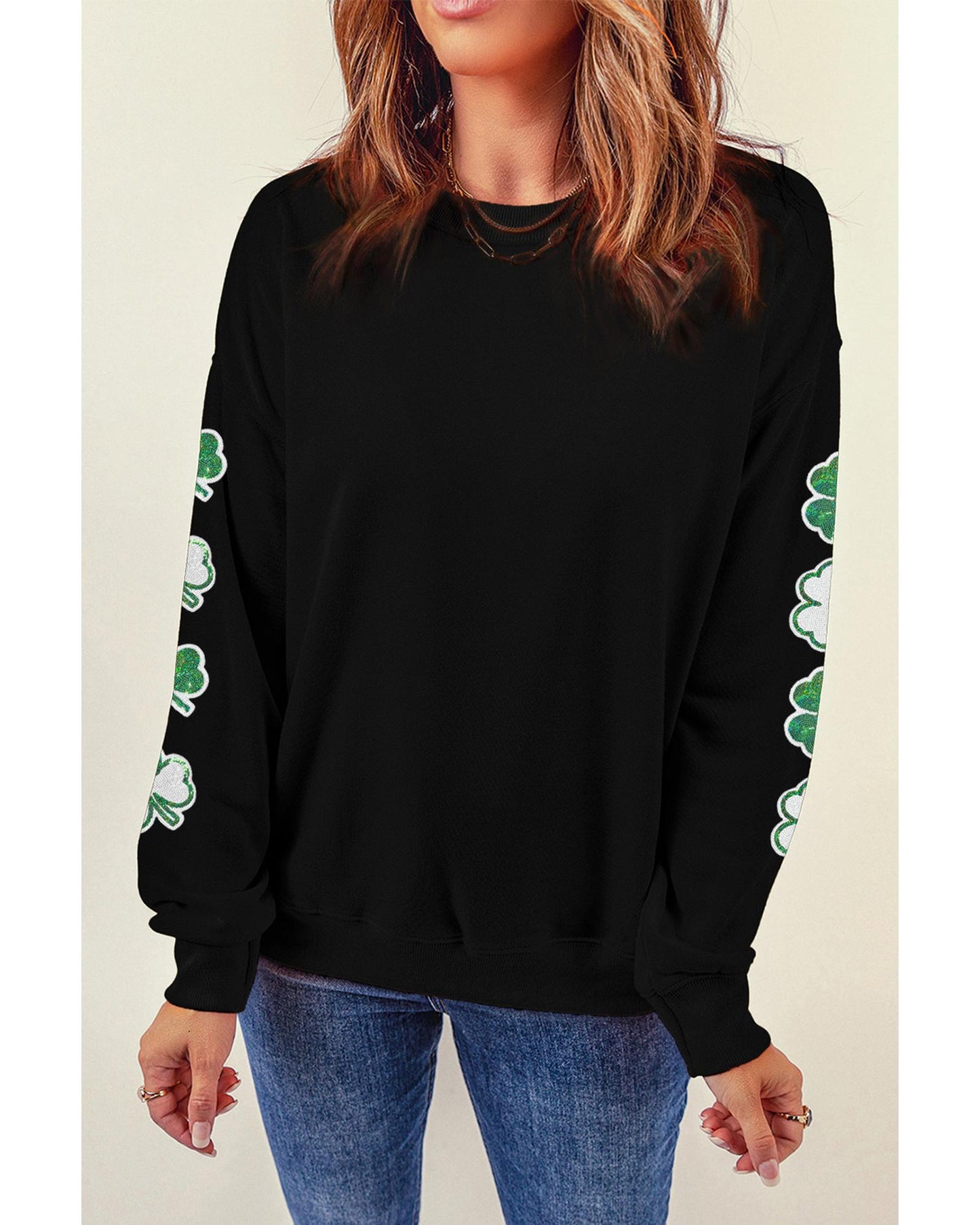 Black Sequin Clover Patched Drop Shoulder Sweatshirt - XL