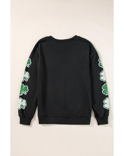 Black Sequin Clover Patched Drop Shoulder Sweatshirt - XL