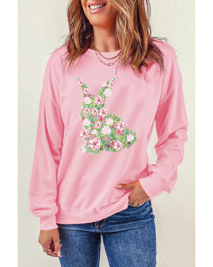 Pink Floral Bunny Printed Crewneck Easter Fashion Sweatshirt - 2XL