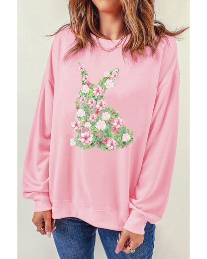 Pink Floral Bunny Printed Crewneck Easter Fashion Sweatshirt - M