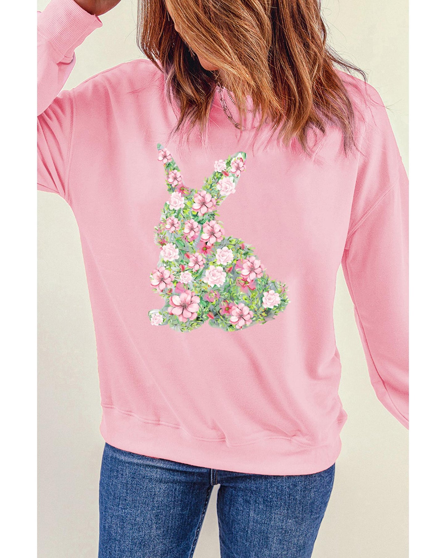 Pink Floral Bunny Printed Crewneck Easter Fashion Sweatshirt - M