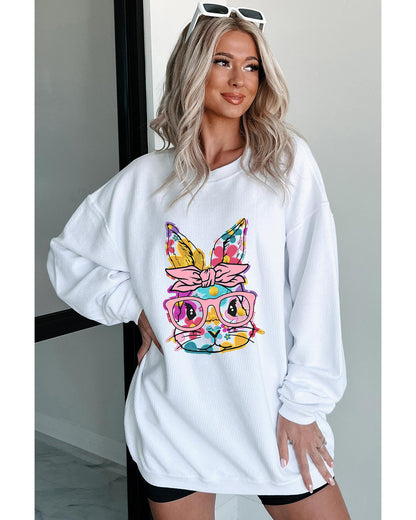 White Floral Rabbit with Glasses Graphic Corded Easter Sweatshirt - L