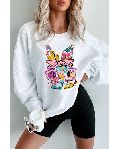 White Floral Rabbit with Glasses Graphic Corded Easter Sweatshirt - L