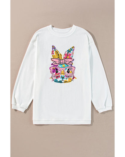 White Floral Rabbit with Glasses Graphic Corded Easter Sweatshirt - L
