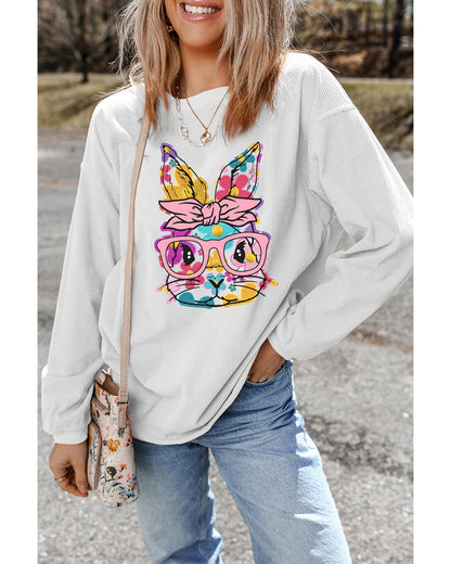 White Floral Rabbit with Glasses Graphic Corded Easter Sweatshirt - S