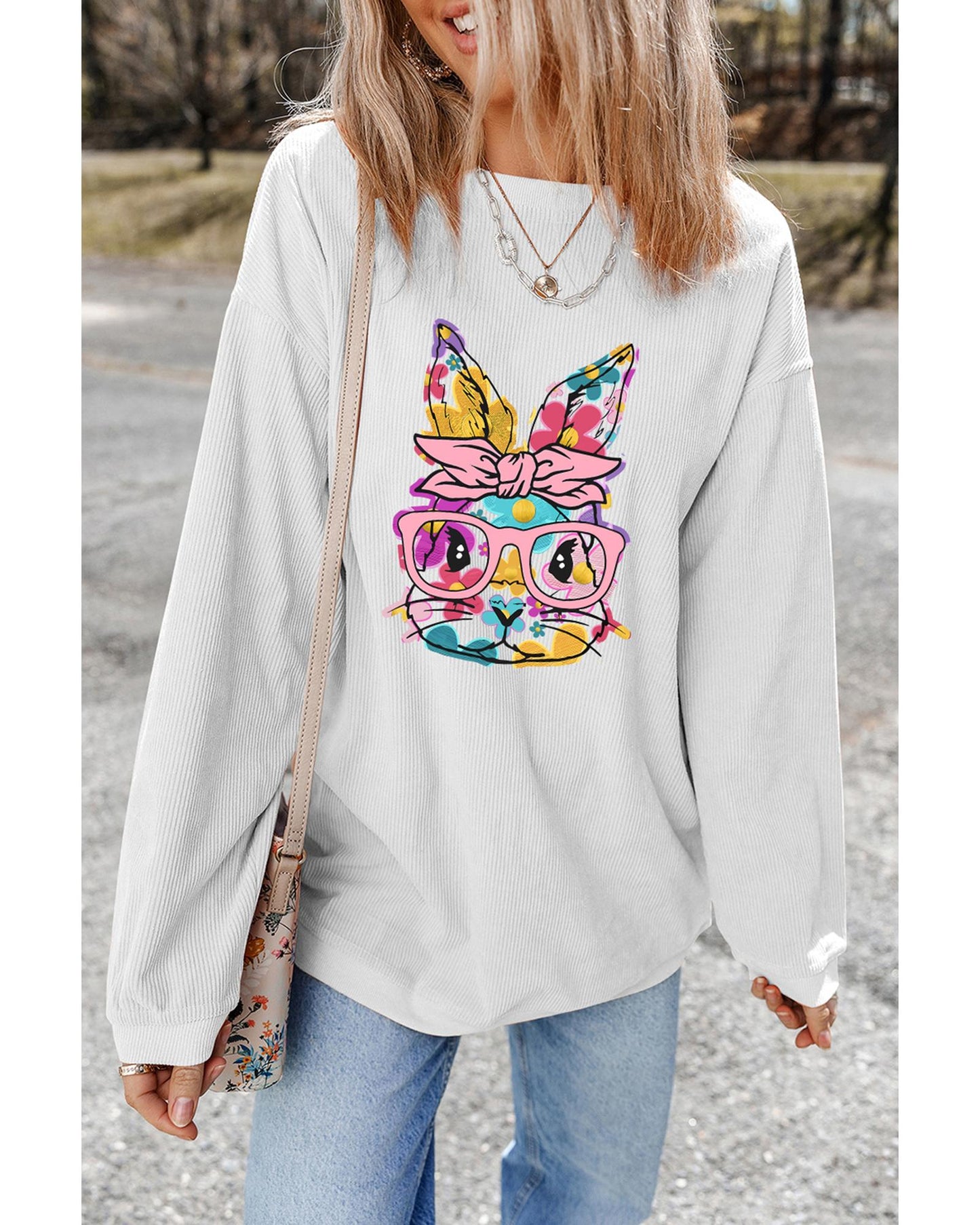 White Floral Rabbit with Glasses Graphic Corded Easter Sweatshirt - S