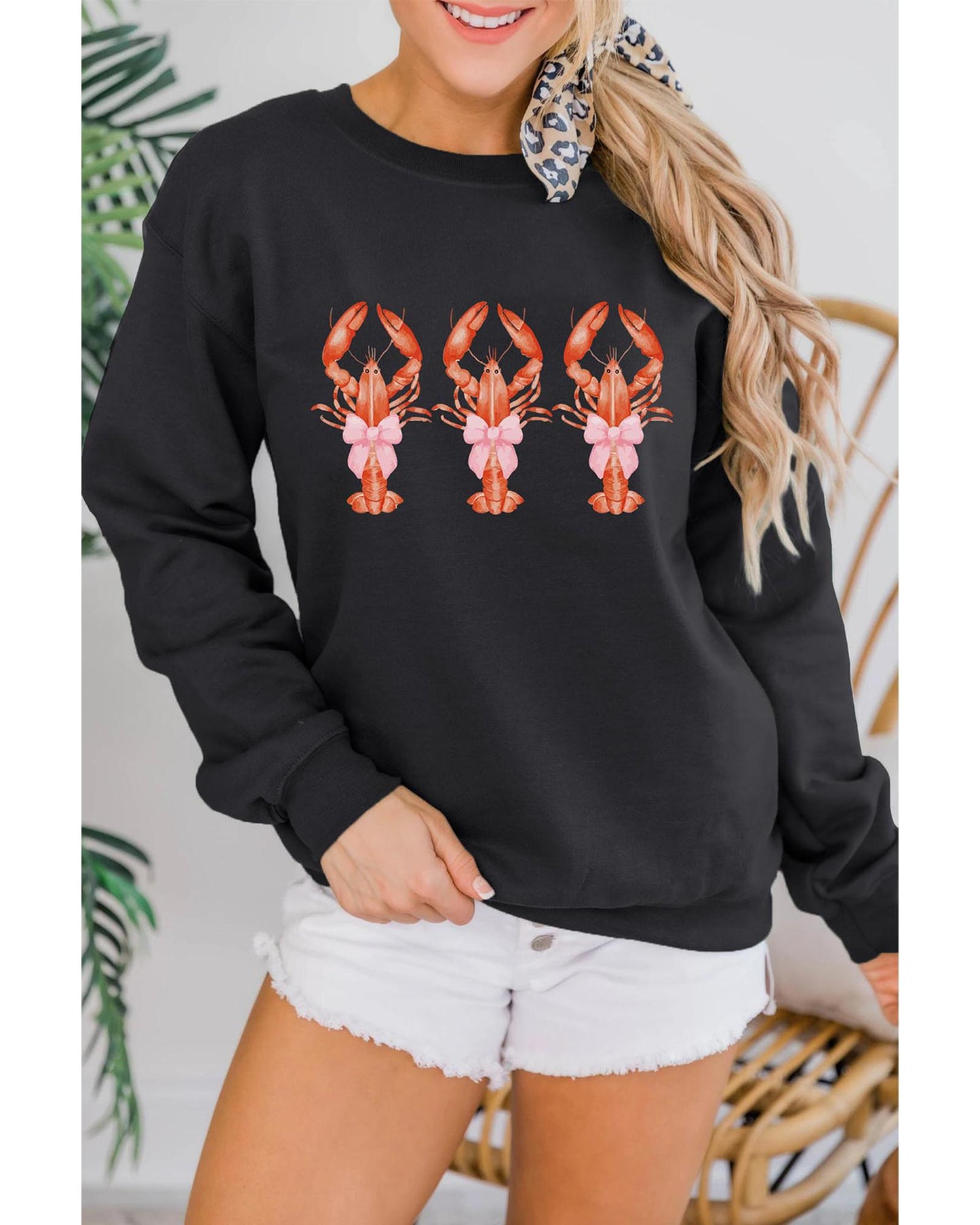 Black Cute Bow Crawfish Printed Drop Shoulder Sweatshirt - M