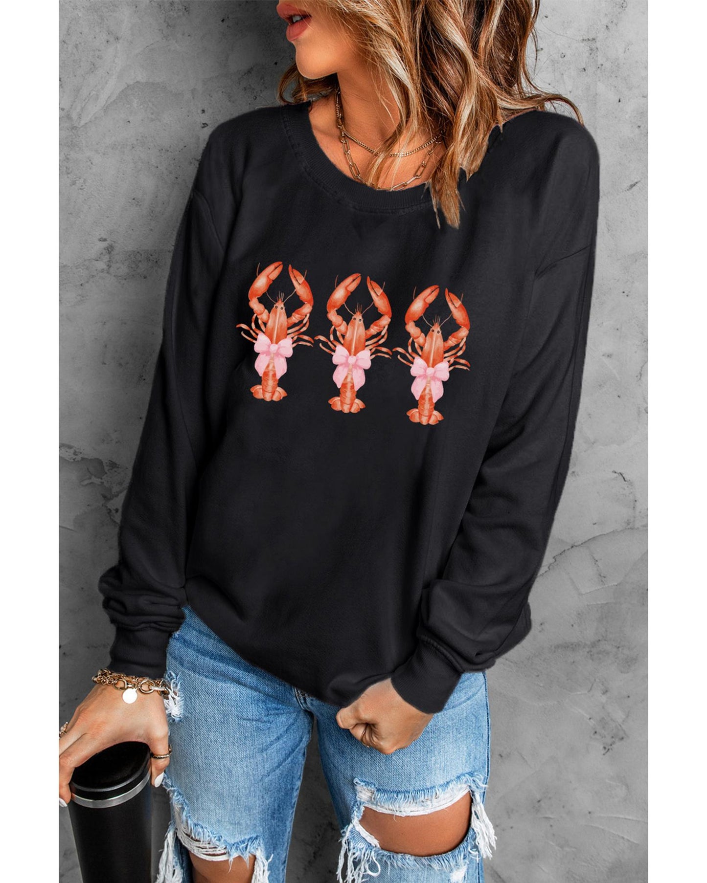 Black Cute Bow Crawfish Printed Drop Shoulder Sweatshirt - M