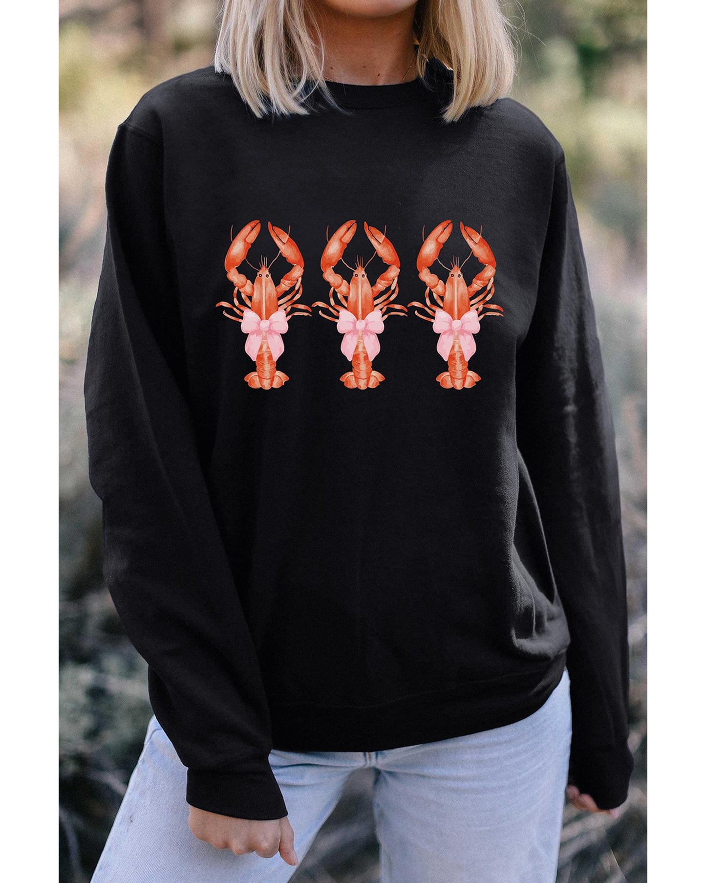 Black Cute Bow Crawfish Printed Drop Shoulder Sweatshirt - S