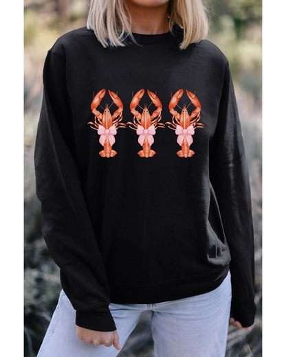 Black Cute Bow Crawfish Printed Drop Shoulder Sweatshirt - XL