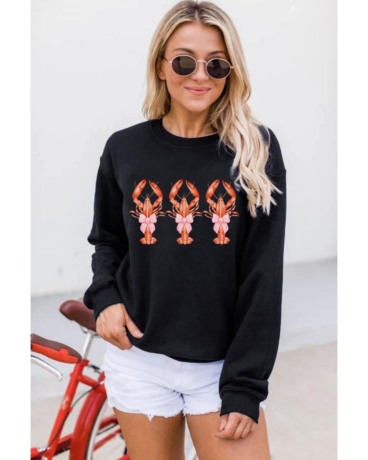 Black Cute Bow Crawfish Printed Drop Shoulder Sweatshirt - XL